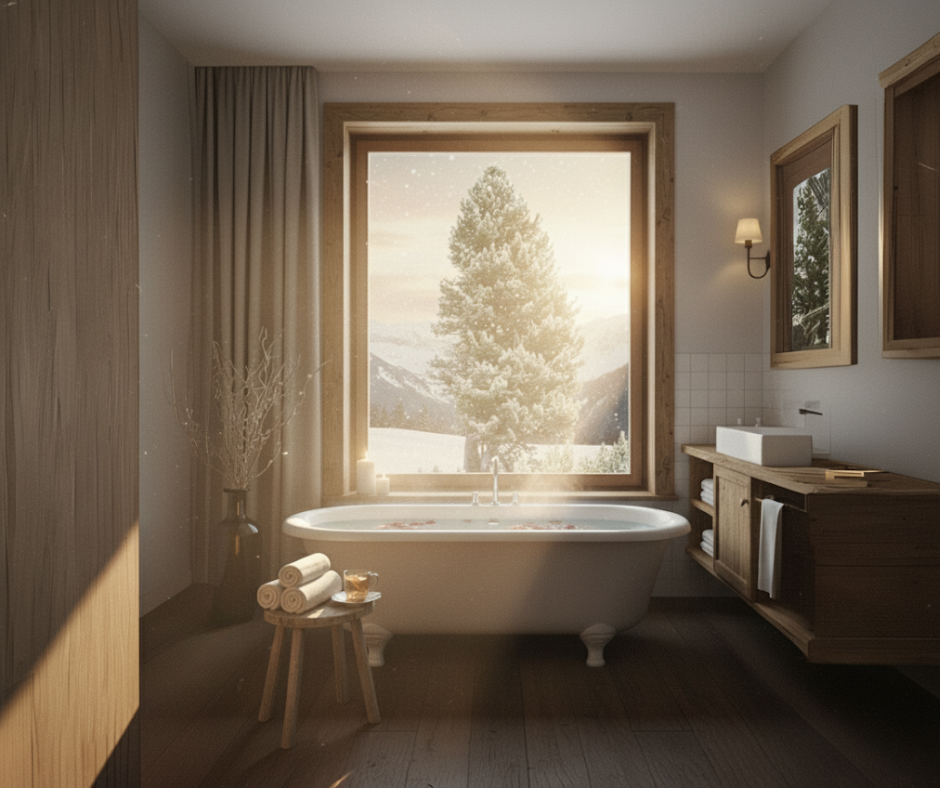 interno giorno di un bagno. Al centro dell'immagine ci sono una vasca da bagno e una finestra che si affaccia su un panorama invernale alpino, con un albero di cirmolo al centro.