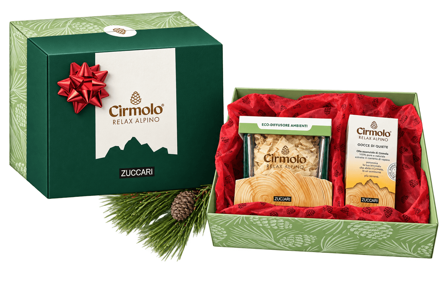 Profumo di Cirmolo: Gocce di Quiete ed Eco-diffusore Ambienti nella confezione regalo verde con fiocco rosso