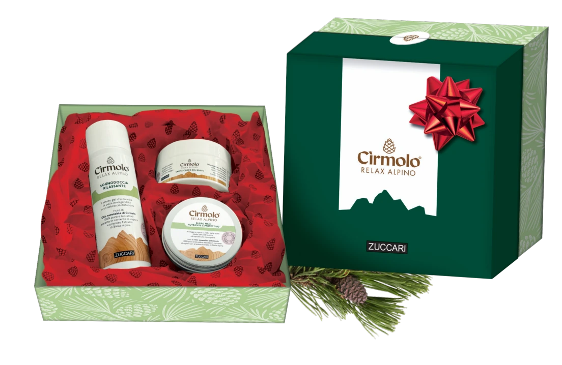 Composizione Coccole di Cirmolo: Sognodoccia Rilassante, Crema-Corpo del Bosco, Burro Mani Nutriente