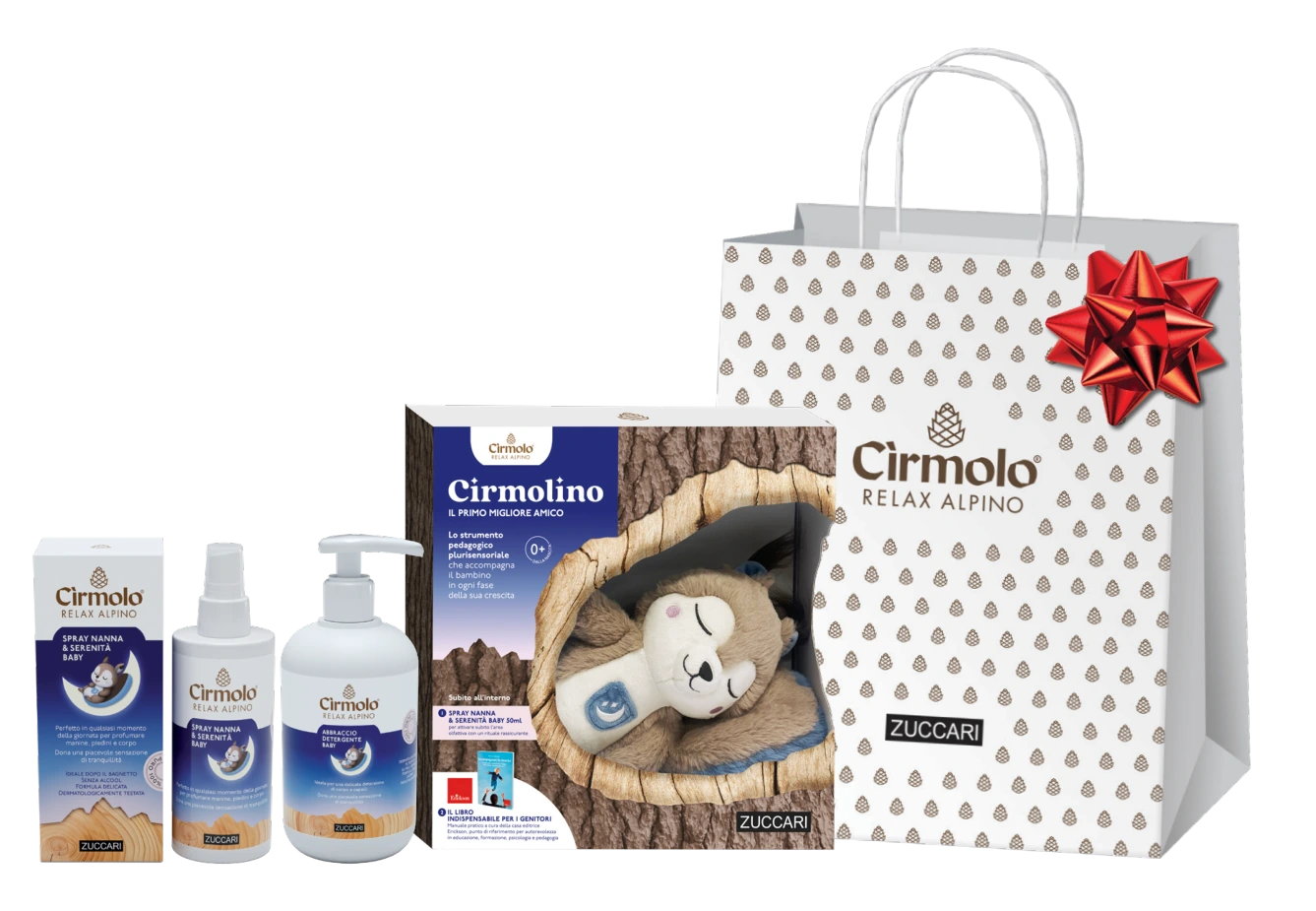 Composizione Crescere con il Cirmolo: Cirmolino, Spray Nanna & Serenità Baby, Abbraccio Detergente Baby