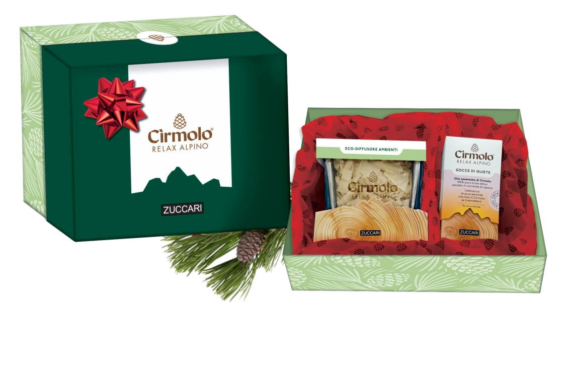 Profumo di Cirmolo: Gocce di Quiete ed Eco-diffusore Ambienti nella confezione regalo verde con fiocco rosso