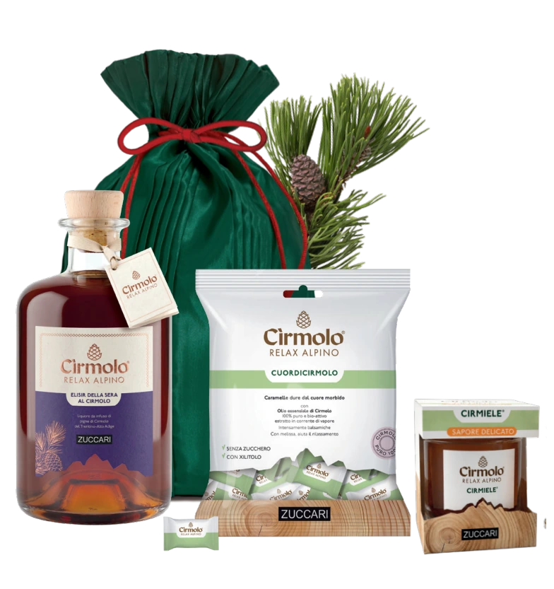 Composizione Sapore di Cirmolo: Elisir della Sera 500 ml, Cirmiele Sapore Delicato, Caramelle CuordiCirmolo